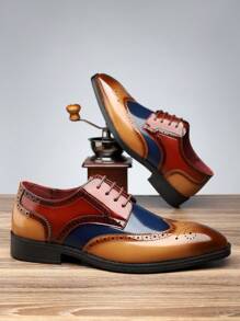 1 Pair Men's Color Block Casual Oxford Shoes, Plus Size Anti-Slip Durable Business Shoes - Khaki - View 3