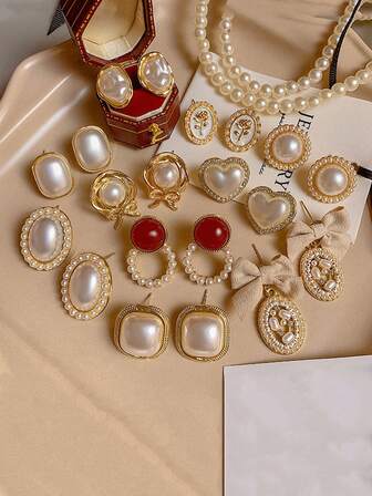 5 件套复古镂空蝴蝶结花朵珍珠耳环套装女士个性夸张不对称极简耳环配饰