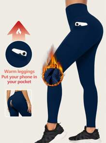 1 Pack Women Winter Fleece Lined Yoga Leggings, High Waist Tummy Control Hip Lift Pants W/ Side Phone Pockets, Soft Warm Stretch Outer Wear Pants - Navy Blue - View 2