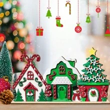 1Pc/125Pcs Christmas House Wooden Tabletop Decor Tiered Tray Decorations Rustic Winter Christmas House Sign For Farmhouse Xmas Party Table Decor(Without Tray) - Multicolor - View 3