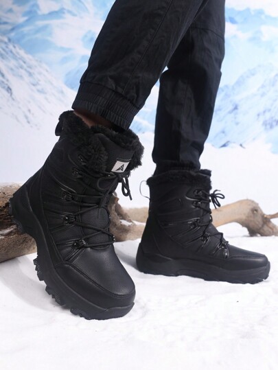 Winter Men Plush Warm Snow Boots High-End Fashion Mid-Calf Boots Outdoor Work Non-Slip Walking Shoes Lace-Up Plus Size Hiking Boots