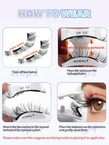 1 Pair C Curl Magnetic False Eyelashes Kit With Mirror & Applicator Glue-Free Eyelashes 3D Natural Manga Eyelashes Cat Eye Fluffy Faux Mink Eye Lashes With Tweezers Makeup Tool - 黑色 - 查看 3