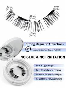 1 Pair C Curl Magnetic False Eyelashes Kit With Mirror & Applicator Glue-Free Eyelashes 3D Natural Manga Eyelashes Cat Eye Fluffy Faux Mink Eye Lashes With Tweezers Makeup Tool - 黑色 - 查看 5