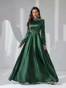 Vestido largo de cena de mujer de cintura alta con mangas largas, cuello medio y flores de cuentas, vestido elegante formal para invitada de boda, graduación - Verde - Ver 7