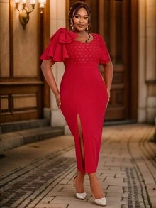 Plus Size Women Lace Patchwork Bowknot Ruffle Slit To Thigh Sexy Party Ball Gown, Cocktail Semi Formal Prom Dress, For Birthday, Wedding Guest, Graduation, Dinner, Homecoming - Red - View 7