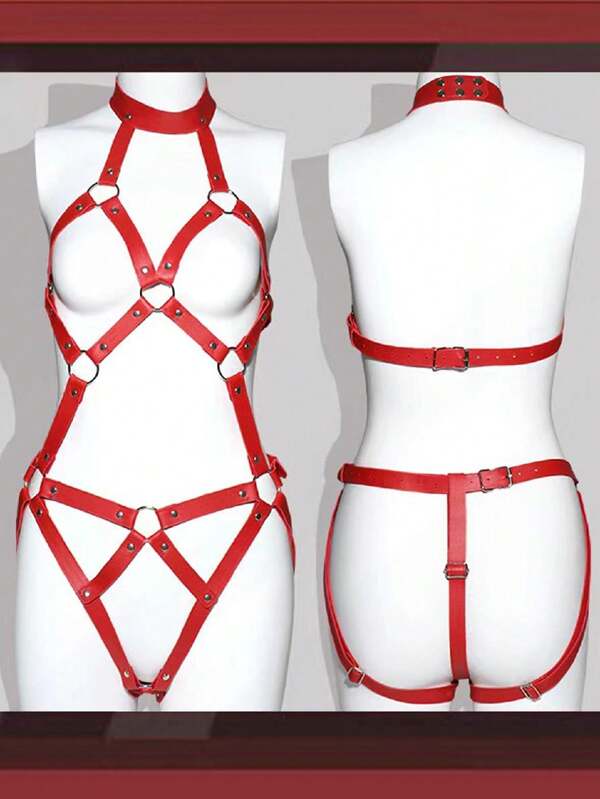 1 conjunto de lencería para adultas de mujer con Mono de piel sintética, Mono con suspensores y aberturas, ajustable en el busto y la cintura (70-100cm)