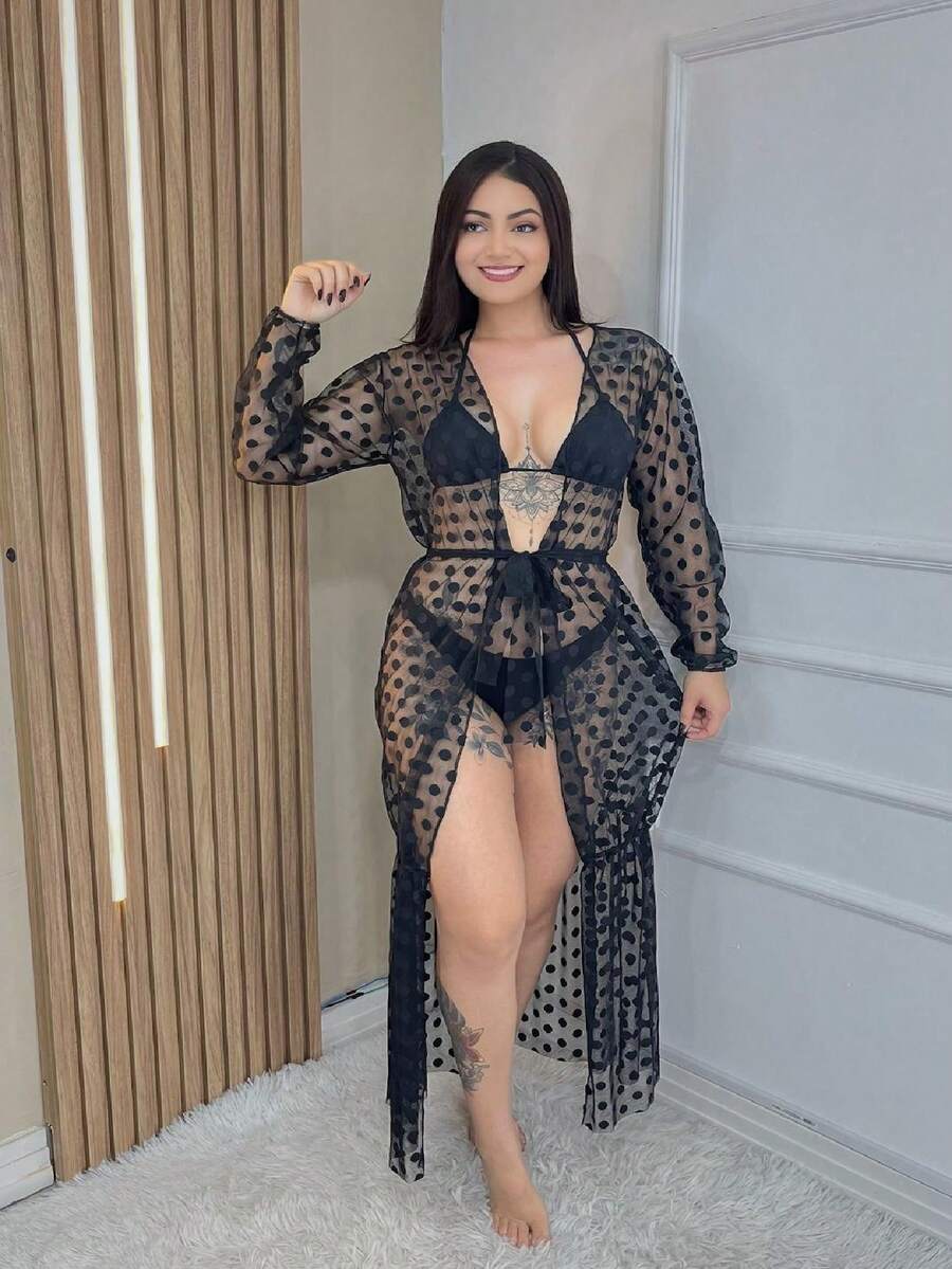 Long Sleeve Beach Cover-Up With Kimono Poa, Beautiful Summer 2025 - màu đen - Xem 1