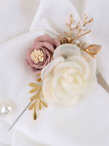1pc Unisex Korean Rose Flower Faux Pearl Decor Corsage Pin, Suitable For Groom, Bride, Best Man, Bridesmaid, Wedding, Party, Formal Event, Business Gathering, Daily Wear Valentine's Day Valentines