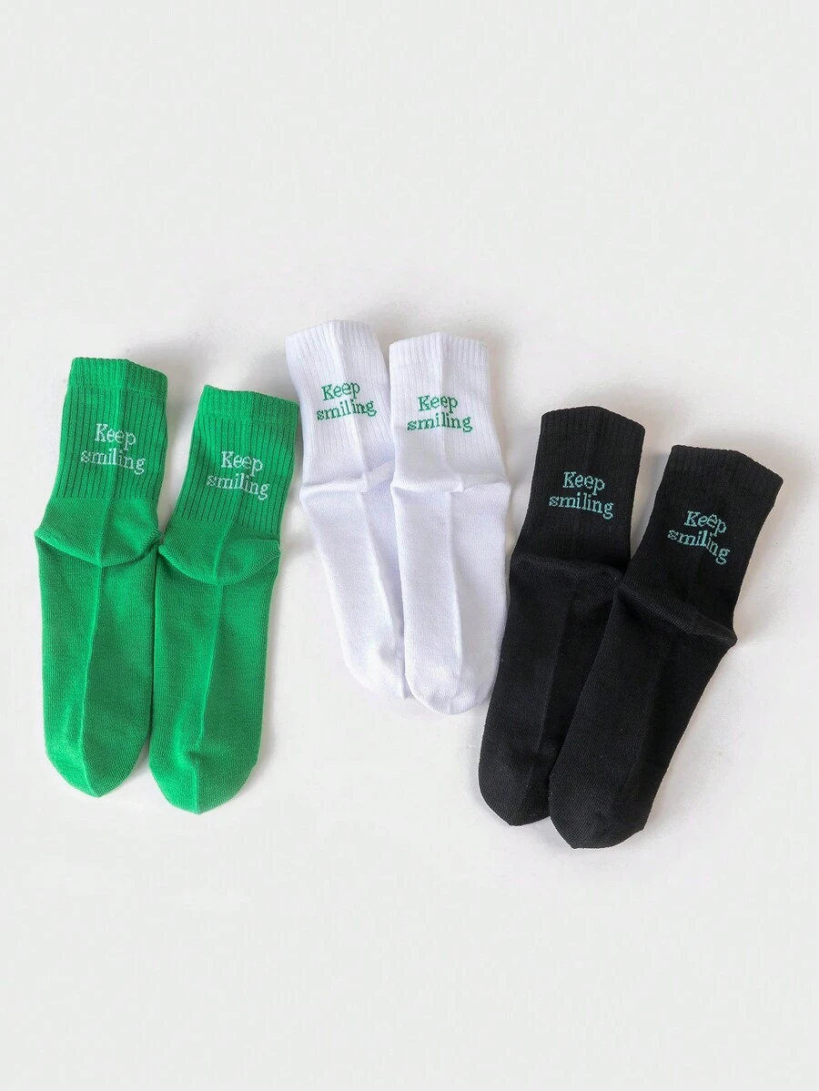3 双女士中筒袜，女孩袜子，黑色袜子，白色袜子，导轨透气孔设计，吸湿排汗，柔软顺滑，适合各种节日、运动、休闲、商务等日常穿着，一年四季均可穿着， - 彩色 - 查看 1