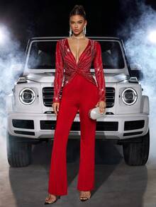 Glamorous Elegant Twist Diamond Embellished Flare Jumpsuit, Party Holiday Dress - Red - View 8