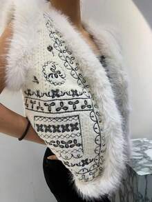 Casual Embroidery Decor Fluffy Patchwork Sweater, Nail Art - White - View 2