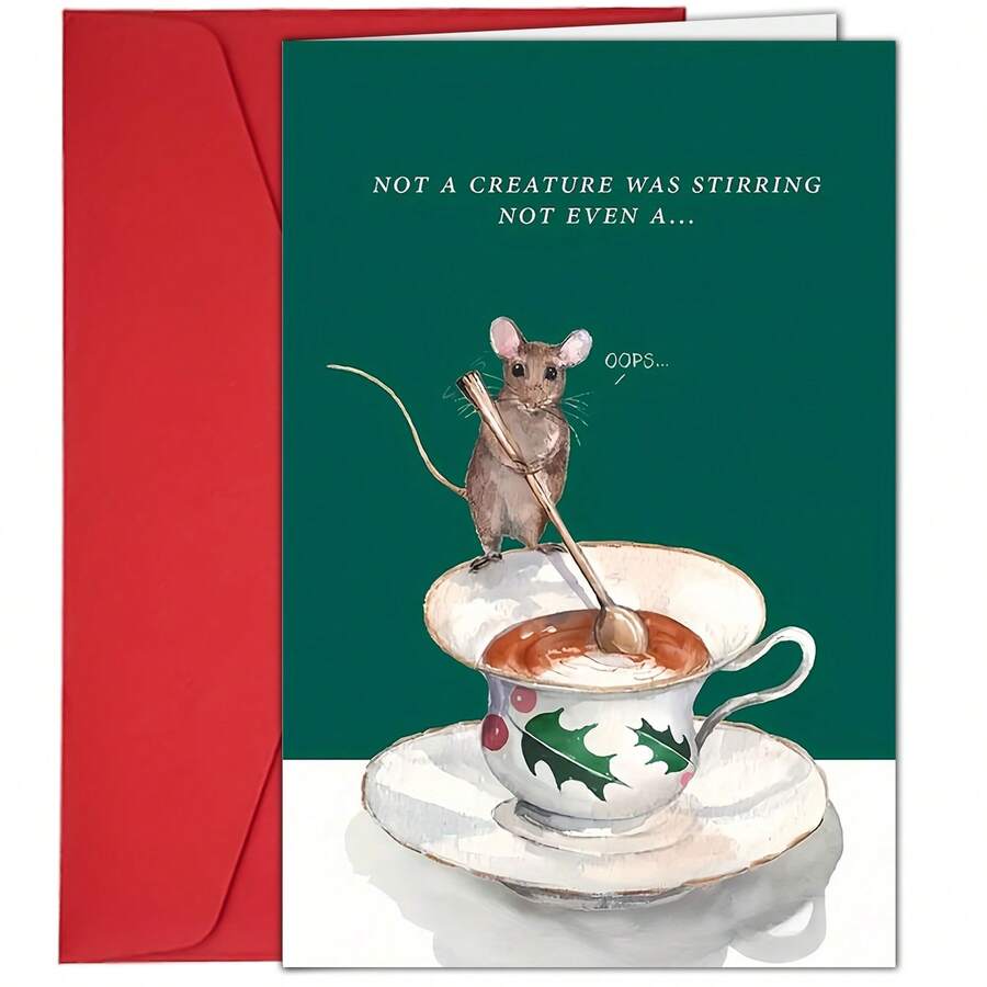 1 tấm thiệp Giáng sinh kèm phong bì - Họa tiết chú chuột đang khuấy cà phê, thích hợp tặng gia đình và bạn bè, quà tặng lý tưởng cho ngày lễ - Nhiều màu - Xem 1