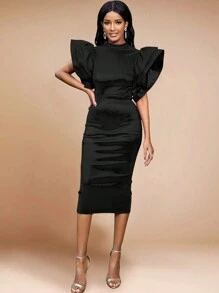 Women's High Neck Sequin Ruffle Sleeve Bodycon Midi Dress, Formal Evening Gown Suitable For New Year Party, Birthday, Wedding Guest, Graduation Ceremony, Gala, Homecoming, Cocktail Party - màu đen - Xem 4