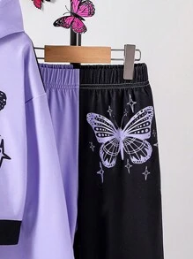 Tween Girl Spring/Autumn Purple Butterfly Pattern Hoodie And Sweatpant Set, Casual Style - Purple - View 7