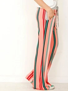 Boho Retro 90's Style Stripe Floral Drawstring Fold Over Band Wide Leg Lounge Pants - Coral Orange - View 3