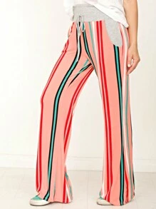 Boho Retro 90's Style Stripe Floral Drawstring Fold Over Band Wide Leg Lounge Pants - Coral Orange - View 1