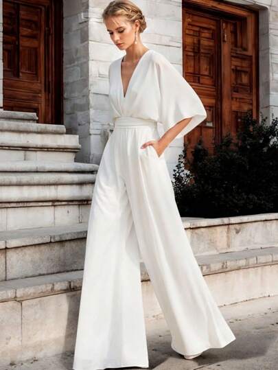 Mono De Pierna Ancha Escote Profundo Manga Holgada Casual Elegante Para Dama