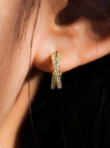 1 Pair S925 Sterling Silver Crossed Cubic Zirconia Double Hoop Earrings, Luxury European & American Fashion, Suitable For Work And Daily Wear, Perfect Gift For Friends And Lovers, Women's Fine Jewelry