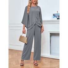 Women's Chiffon 2 Pcs Mother Of The Bride Pant Suits Asymmetrical Hem Tops And Pants Wedding Party Prom Outfit Christmas Gift & New Year Gift - 灰色 - 查看 4