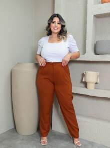 Plus Size Tailored Trousers With Button GG To G3 - Camel - View 3