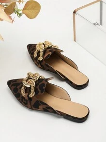 2025 Autumn Women's Elegant Pointed Toe Flat Brown Leopard Print Mule Slides With Large Metal Buckle (Pattern On Shoe Upper Is Random) - Brown - View 4