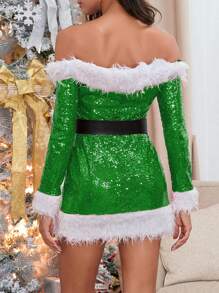 Women's Christmas Santa Dress Deluxe Mrs. Claus Costume Off Shoulder Long Sleeve Bodycon Mini Dress - Green - View 6