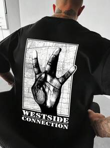 Men's Minimalist Hand Gesture Print Crew Neck Short Sleeve T-Shirt, Summer - Black - View 1