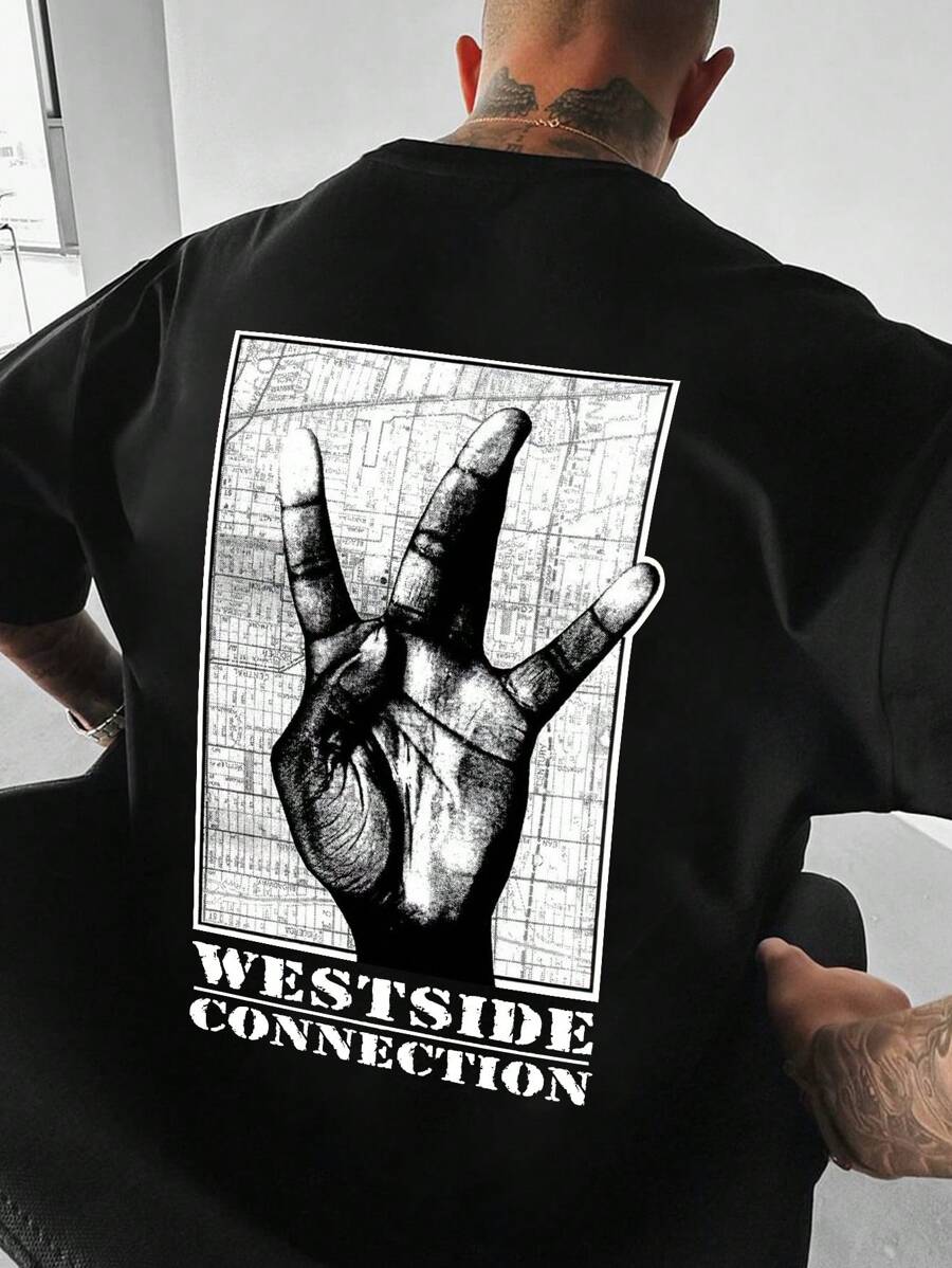 Men's Minimalist Hand Gesture Print Crew Neck Short Sleeve T-Shirt, Summer - Black - View 1