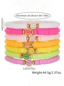 7pcs/Set Boho Style Multicolor Alloy Smiling Face Clay Bead Bracelets, Suitable For Girls Daily Wear, Party