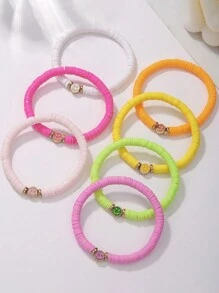 7pcs/Set Boho Style Multicolor Alloy Smiling Face Clay Bead Bracelets, Suitable For Girls Daily Wear, Party