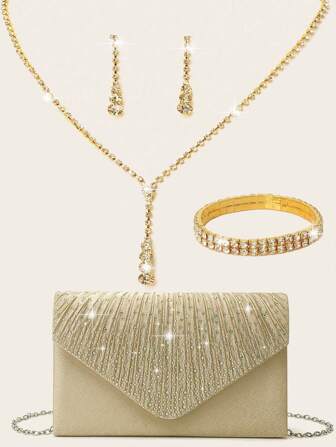 4 piezas Bolso de mano de noche de mujer con aplicaciones de strass, pinzas para orejas con strass, collar gargantilla, pulsera colgante, purpurina y brillo, bolso de sobre de noche brillante con cadena desmontable para mujer, para fiesta y boda, bolso de hombro para mujer