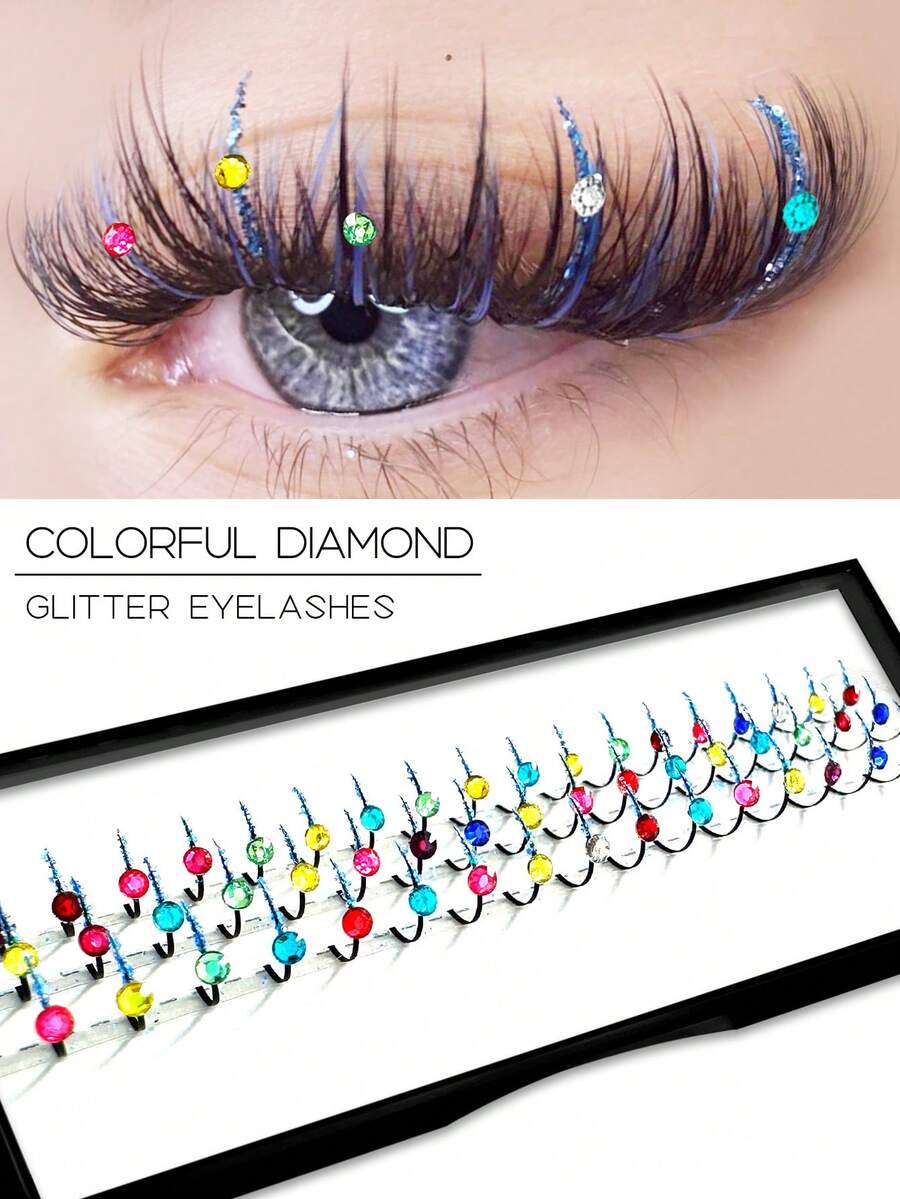 60 Pcs D Bright Diamond Lashes Multicolor Diamond Glitter Fairy Lashes Wedding Lashes Party Lashes DIY Festive Eye Tail Beauty Makeup 10-15mm