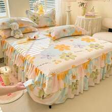 Set di 3 pezzi composto da copriletto con fantasia floreale + 2 federe, stile coreano principessa con volant, set biancheria da letto