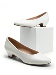Women's Low Chunky Heel Solid Color Pumps Round Toe Comfortable Versatile Work Formal Occasions Shoes - White - View 7