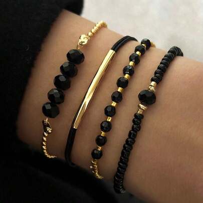 4pcs/Set Fashionable Black Crystal Handmade Beaded Bracelet Set, Women's Stylish Holiday Party Jewelry Gift