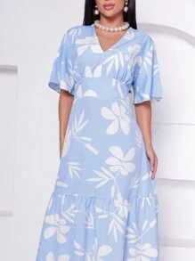 Short Sleeve Midi Dress With V-Neckline And Printed Waist - Màu xanh lam - Xem 6
