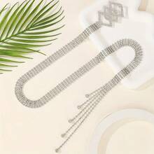 女士闪亮全水晶镶嵌腰带，时尚水钻装饰仿皮腰带，适合牛仔裤、连衣裙、休闲春夏秋冬 - 銀色 - 查看 3