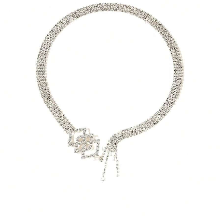 女士闪亮全水晶镶嵌腰带，时尚水钻装饰仿皮腰带，适合牛仔裤、连衣裙、休闲春夏秋冬 - 銀色 - 查看 1