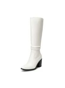 Women's Knee-High Boots, Comfortable Chunky Block Heel Pointed Toe Pull On Side Zipper Suede Slouch Riding Boots - trắng - Xem 2