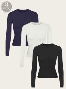 3 Piezas Camisetas de base para mujer estilo Y2K, camisetas de manga larga con cuello redondo, camisetas de base ajustadas suaves y cómodas, camisetas de base de manga larga casuales y de moda, camisetas de cuello redondo de un solo color ajustadas para primavera y otoño, tops recortados de base para uso diario - Multicolor - Ver 8