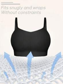 Seamless Ribbed Padded Invisible Wireless Bra, Supportive Sports Bra, Sexy Candy Bra, Women Underwear, Wireless Bra - Black - View 5