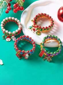 Bộ 3 sản phẩm Cây thông Noel, Ông già Noel, Người tuyết, Chuông, Tuần lộc, Vòng tay hạt bông tuyết dành cho nữ, Quà tặng ngày lễ Giáng sinh - màu sắc hỗn hợp - Xem 2