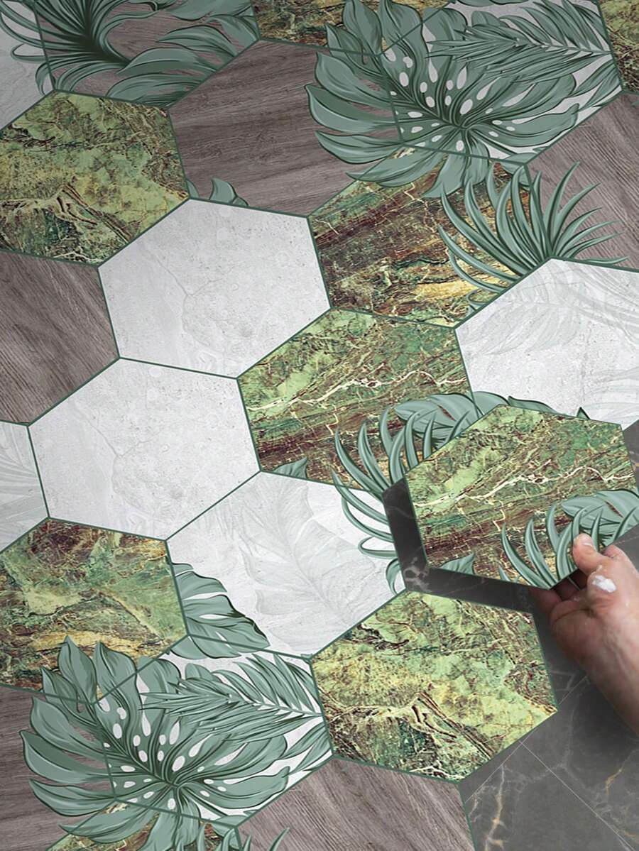 11 件 7.87*9.06 英寸六角形地板贴纸，白色大理石带叶子图案自粘地板贴纸，防滑瓷砖贴纸，即撕即贴 DIY 拼接墙贴适用于家居装饰 - 彩色 - 查看 1
