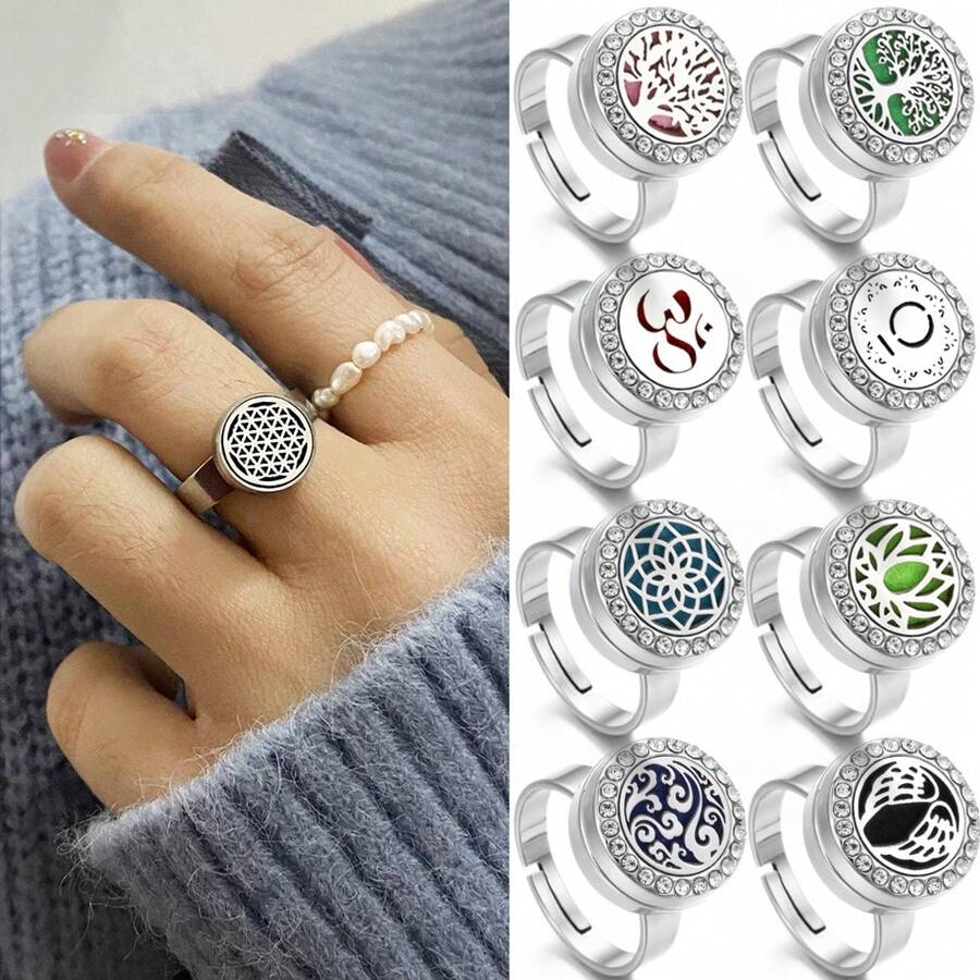 Cincin Diffuser Aromaterapi Stainless Steel 12mm, Cincin Terbuka Diffuser Aroma Kristal Zirkonia, Cincin Liontin Diffuser Minyak Esensial Wangi, Untuk Wanita & Anak Perempuan