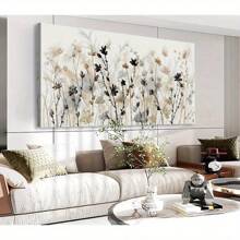 Abstract Floral Canvas Wall Art Grey Cream White Grass Flowers Canvas Pictures Modern Landscape Painting Botanic Artwork For Living Room Bedroom Kitchen Office Wall Decor
