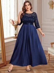 Vestido de noche formal de satén con volantes, parches de encaje y lentejuelas de colores contrastantes, elegante vestido de fiesta formal, vestido de invitada de boda, adecuado para ceremonias de graduación, cenas de gala y otras ocasiones - Azul Marino - Ver 1