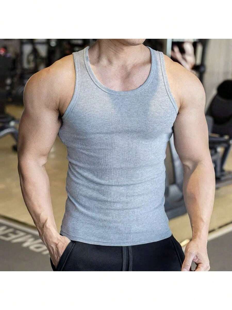 Men's American Style Ribbed Knit Tank Top - Gris - Ver 1
