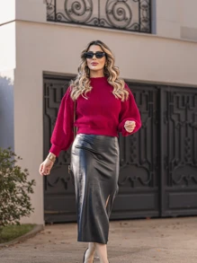 SELINE Women's Elegant Knitted Basic Cold Weather Blouse - 玫瑰紅 - 查看 2