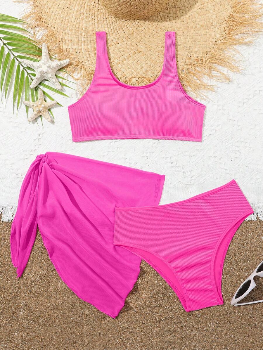 New Summer Girls' Swimwear Set, Snake Skin Pattern Fabric, Solid Color, 3 PiecesSwimsuit For Teens - Hot Pink - View 1