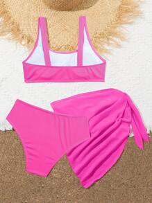 New Summer Girls' Swimwear Set, Snake Skin Pattern Fabric, Solid Color, 3 PiecesSwimsuit For Teens - Hot Pink - View 2
